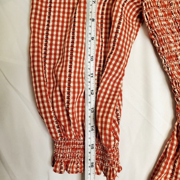 MAX STUDIO Red Smoking Gingham Peplum Off shoulder blouse 3/4 sleeves Size S/M - Picture 10 of 13